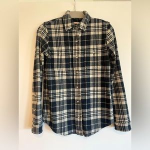 Faherty navy and grey plaid flannel button down, size XS